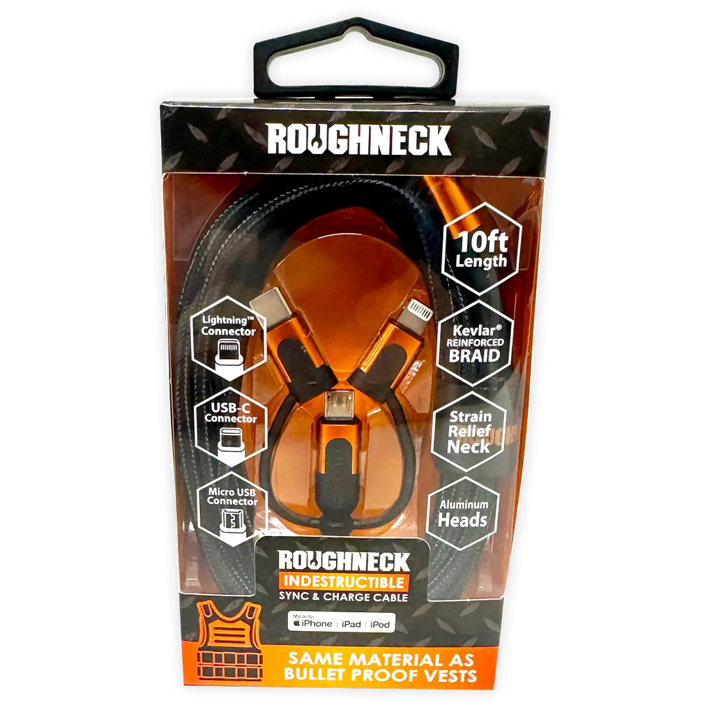 Charging Cable USB 3 in 1 Multi-Head USB-C / Micro USB / Lightning 10FT -  3 Pieces Per Pack 24561 ROUGHNECK